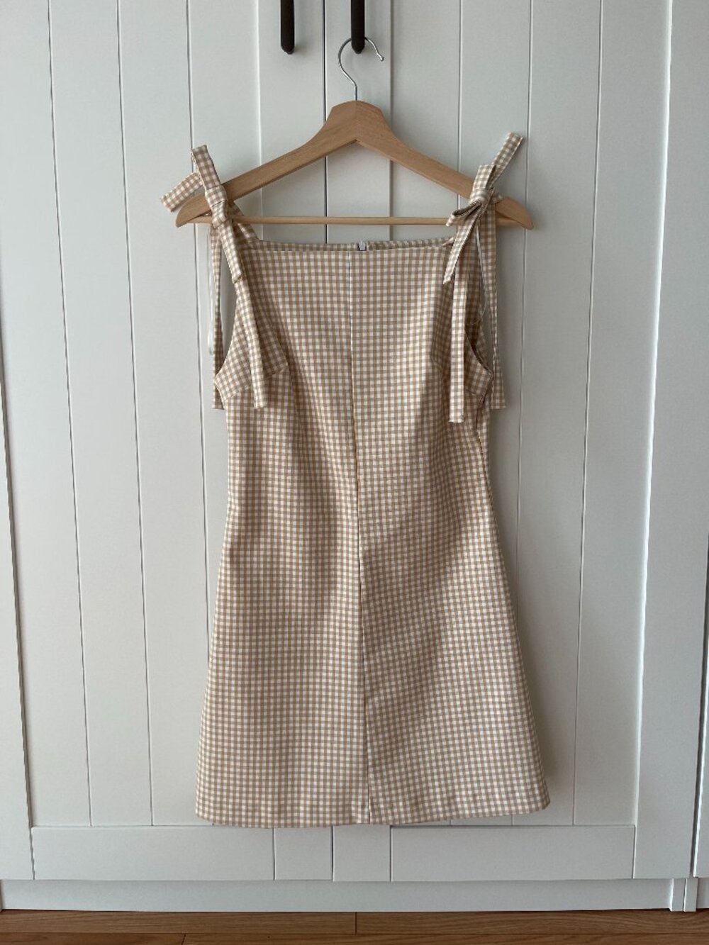 Beige Gingham Tie-Shoulder Mini Dress